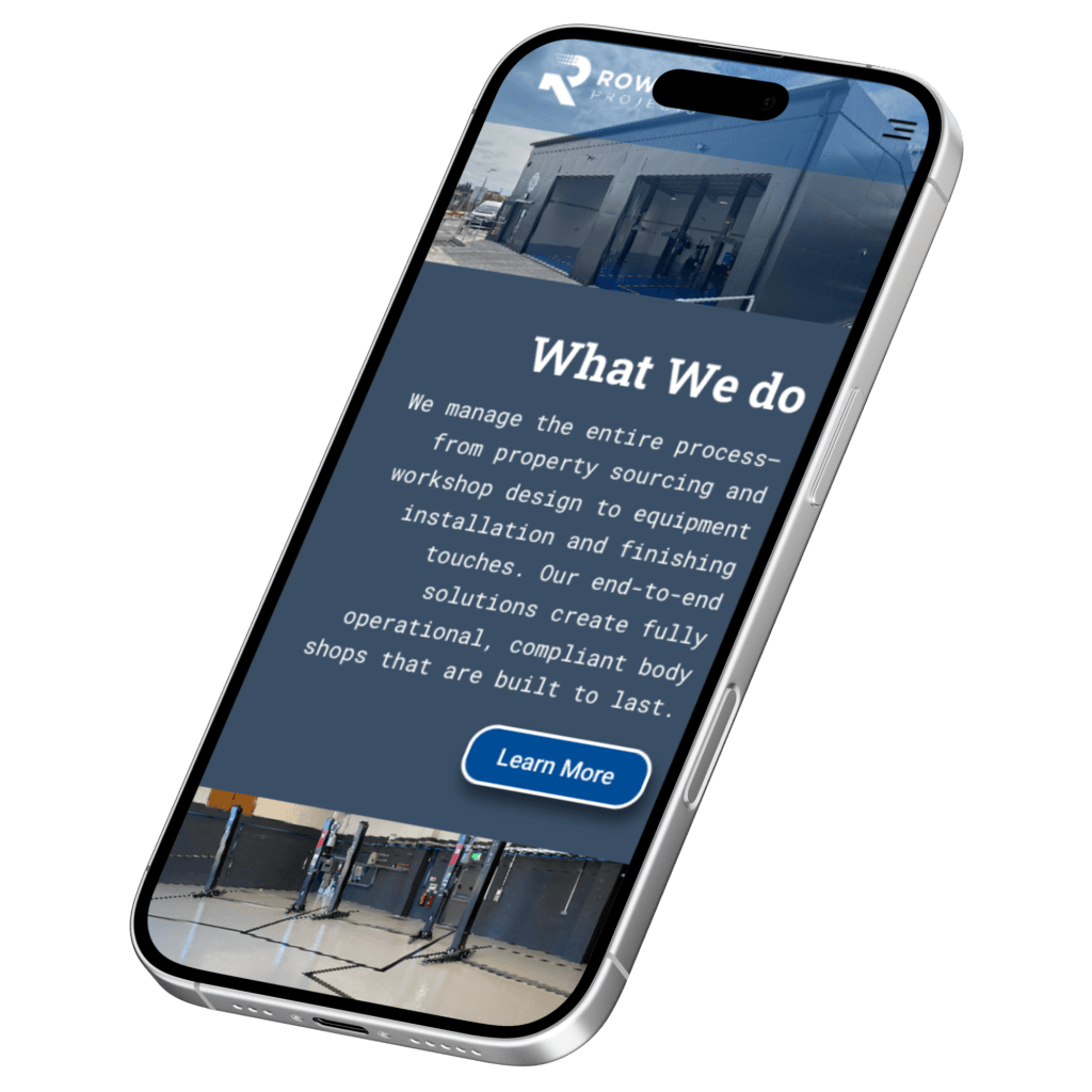 A smartphone displays a website featuring manufacturing web design, with a What We Do section describing property sourcing, workshop design, installation, and finishing for compliant body shops. A workshop photo is visible at the top.