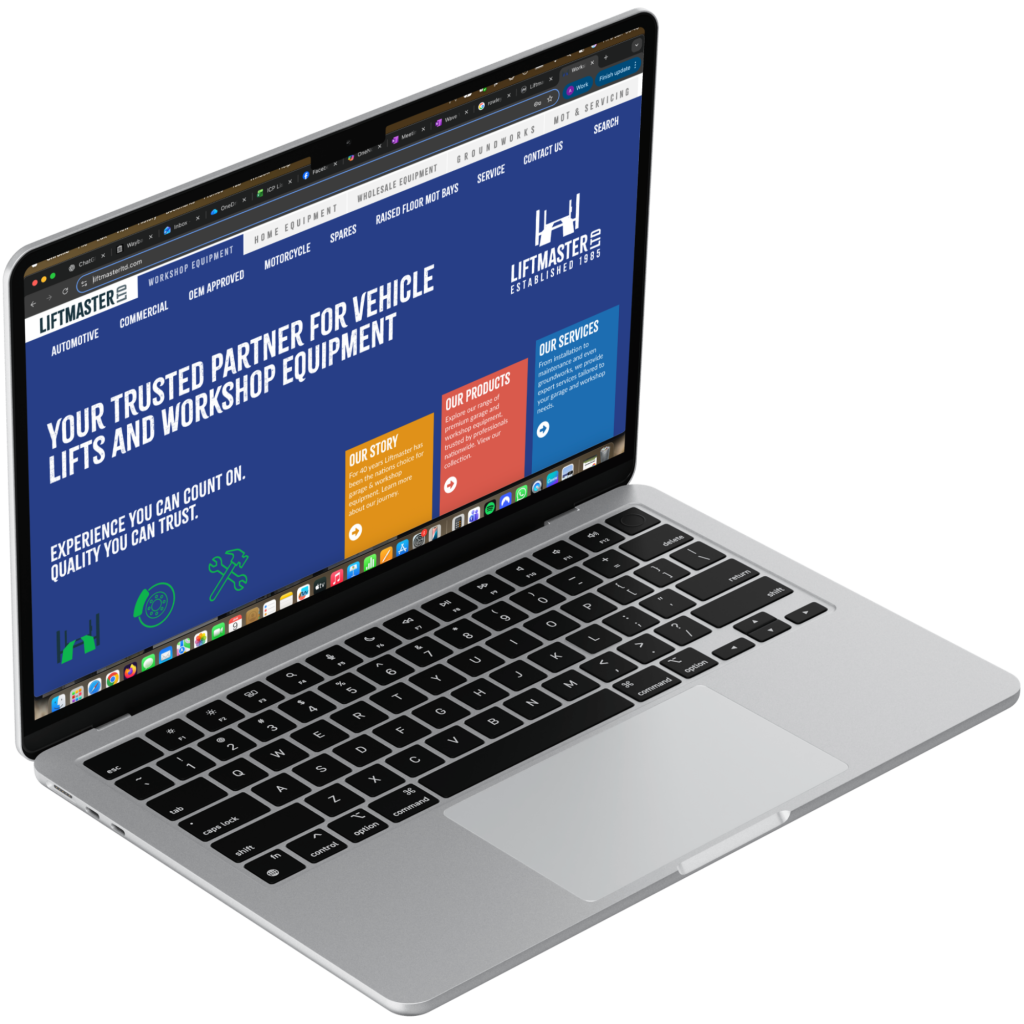 A laptop displaying the Liftmaster Ltd homepage, featuring a blue background with the headline Your trusted partner for vehicle lifts and workshop equipment, a navigation menu, and a sleek manufacturing web design.