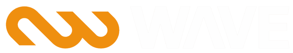 The image shows an orange stylised W logo on the left, followed by the word WAVE in bold, uppercase, white letters on a light grey background.