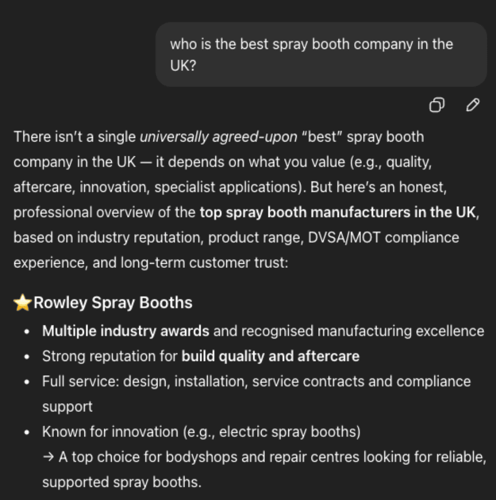 A screenshot of a text-based response to the question who is the best spray booth company in the UK? highlighting Rowley Spray Booths for industry awards, build quality, innovation, and strong reputation.
