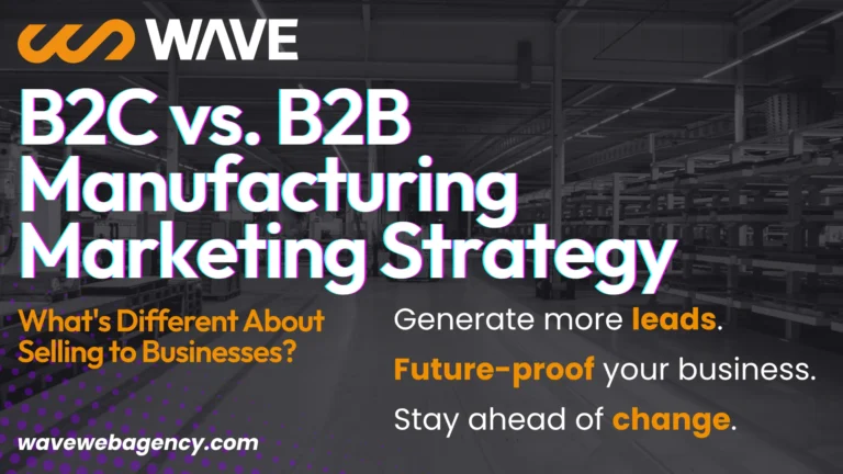 A digital advert for Wave shows the text B2C vs. B2B Manufacturing Marketing Strategy with points about leads, future-proofing, and change, over a greyscale image of an industrial building. Wave’s web address is at the bottom.