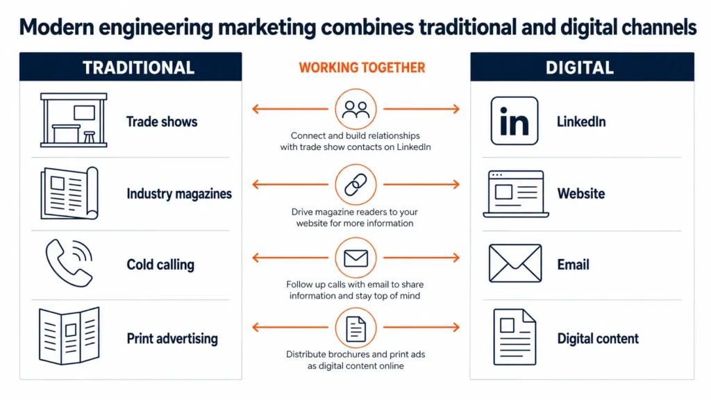 A comparison chart shows traditional marketing methods (trade shows, industry magazines, cold calling, print advertising) and digital channels (LinkedIn, website, email, digital content) with arrows indicating how they work together.