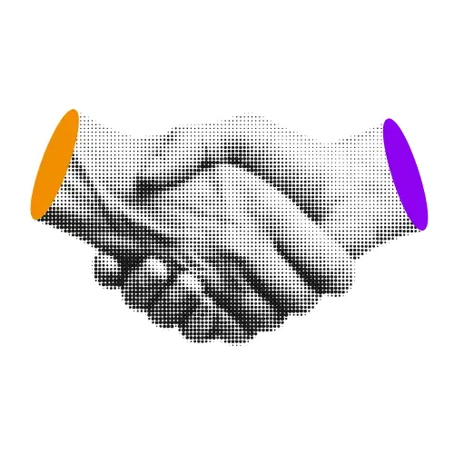 A black and white halftone image of two hands shaking, with an orange oval on the left wrist and a purple oval on the right wrist, both on a plain black background.