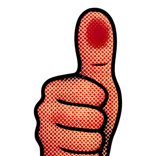 A stylised illustration of a hand giving a thumbs-up, displayed in red halftone dots against a solid black background.
