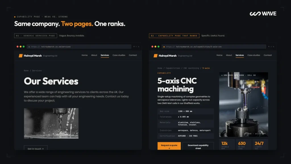Two website pages are shown side by side on a black background. The left page displays an Our Services heading, and the right page features 5-axis CNC machining with technical specifications and a machine image.